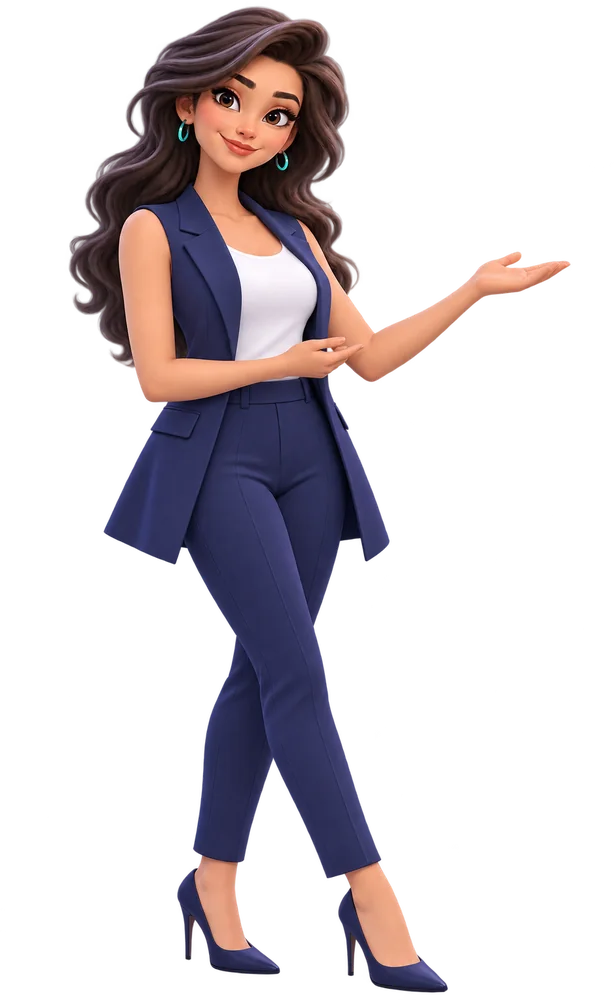 Dorra, Sadorra's AI assistant: a woman in a navy suit, gesturing toward the conversation beside her.