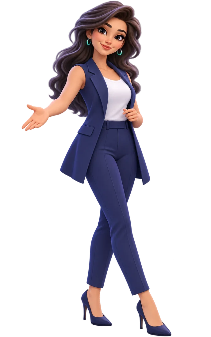 Dorra, Sadorra's AI assistant, in a navy suit, one hand open beneath the Meet Dorra button.