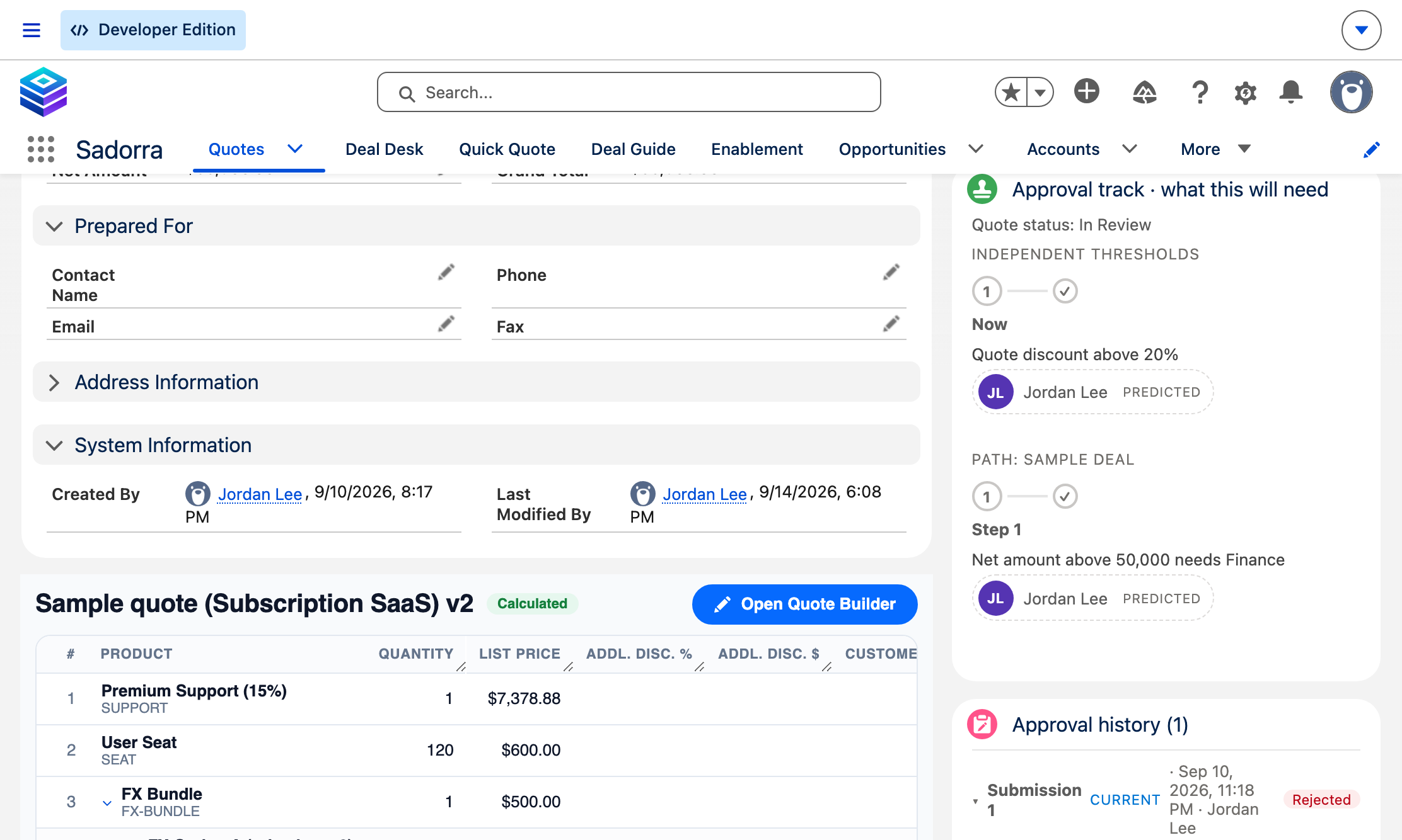 The approval track on a quote: the thresholds it trips, the step and approver predicted before submission, and the approval history including a rejection.