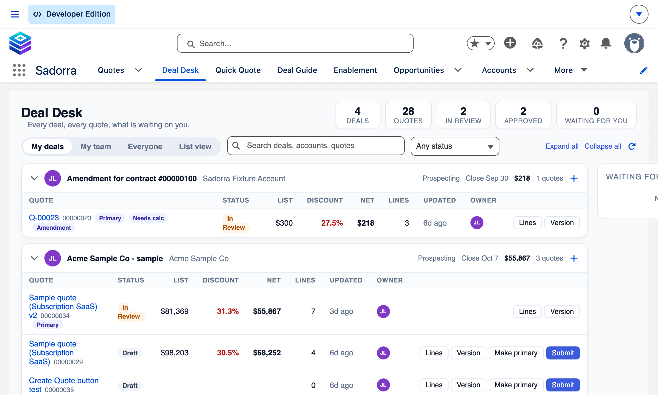 Deal Desk: four deals with their quotes, each showing status, list, discount, net, line count and owner, and a rail for approvals waiting on you.