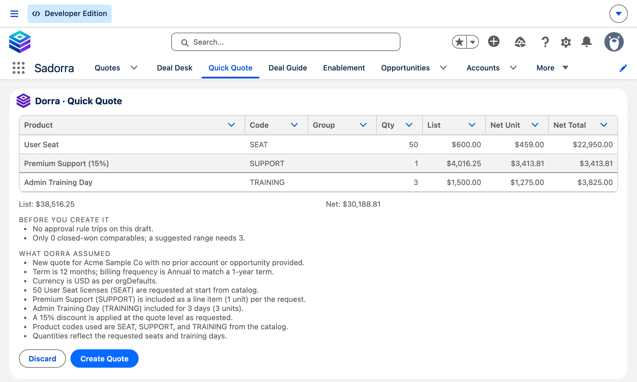 Dorra&rsquo;s Quick Quote: a priced draft built from one sentence, with three lines, list and net totals, the approval check, and the assumptions Dorra made.