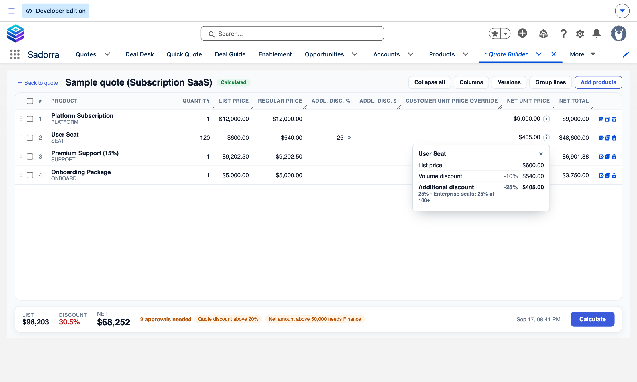 A quote line's price explained: User Seat at list $600, a 10% volume discount to $540, then a 25% additional discount to the $405 net price, set by the price rule named Enterprise seats: 25% at 100+.