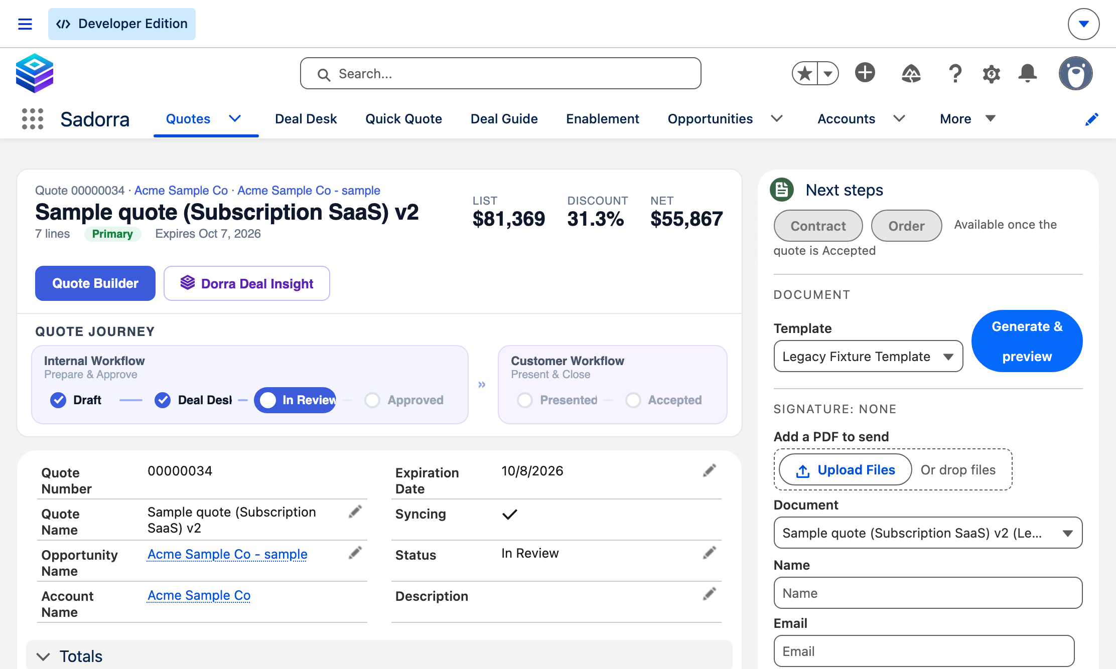 A Sadorra quote: the quote journey from draft through deal desk review to approval, list, discount and net totals, and the next steps panel.