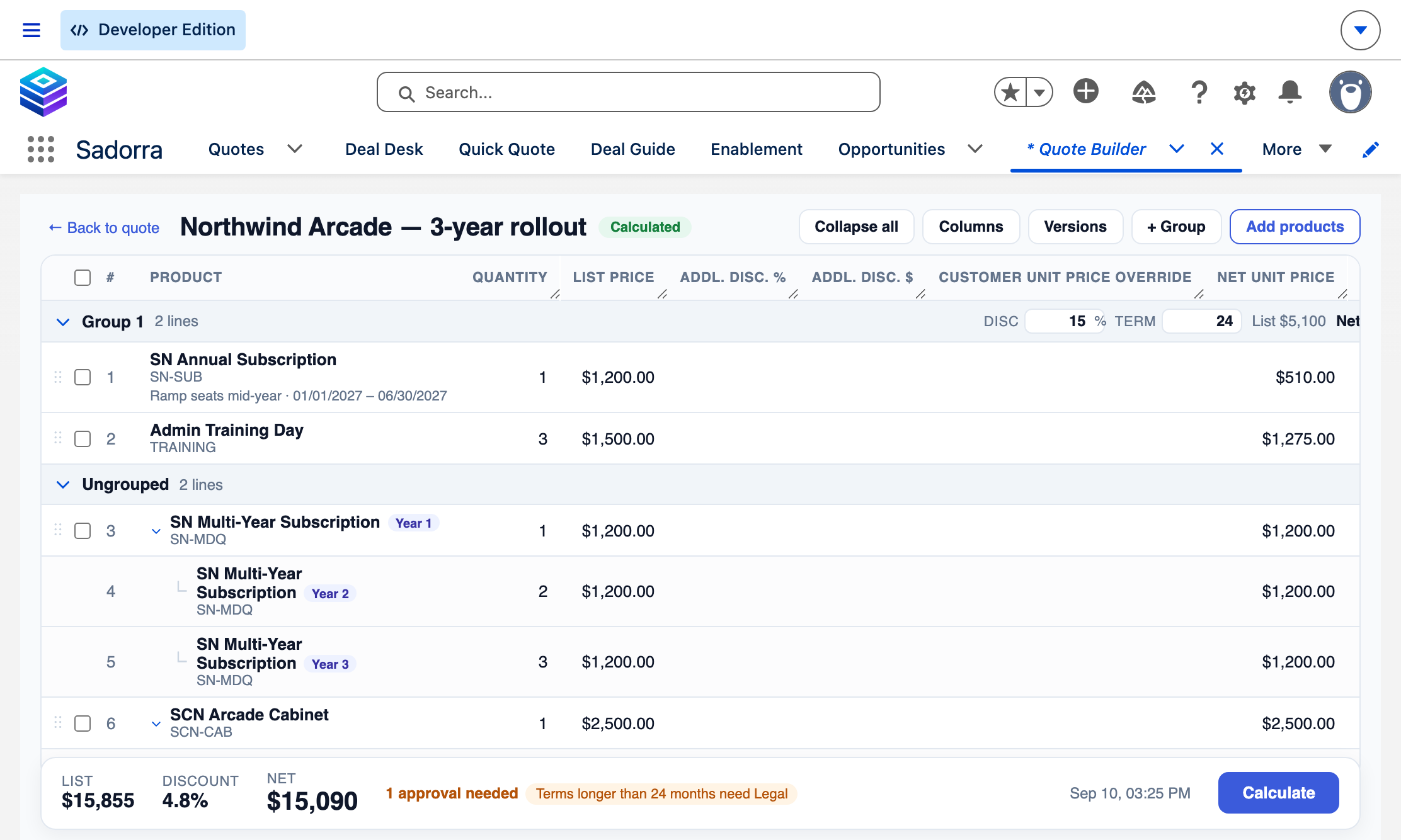 The Sadorra Quote Builder on a Salesforce quote: lines in groups, a subscription split into year one, two and three, a bundle with its options indented beneath it, and a totals bar reading list $15,855, 4.8% discount, net $15,090 with one approval needed and a warning that terms longer than 24 months need Legal.